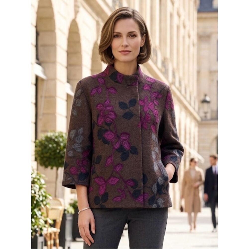 Akris Punto Brown Jacket with Purple & Gray Leaf Motif